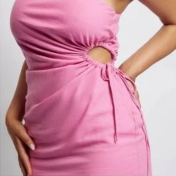 MESHKI ONE SHOULDER LINEN CUT OUT PINK DRESS - Picture 2 of 3